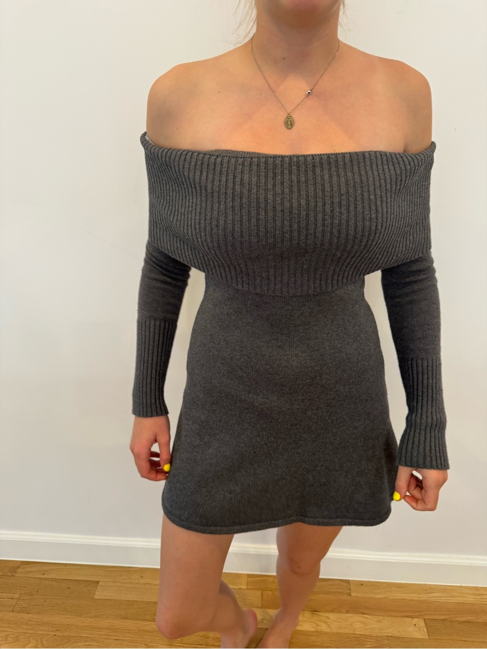 Sunday Best Gray Off-Shoulder Ribbed Sweater Dress